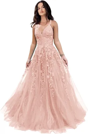 Tulle Prom Dresses for Women 2025 Sparkly Lace Appliques Long Ball Gowns Spaghetti Straps A-Line Evening Gowns