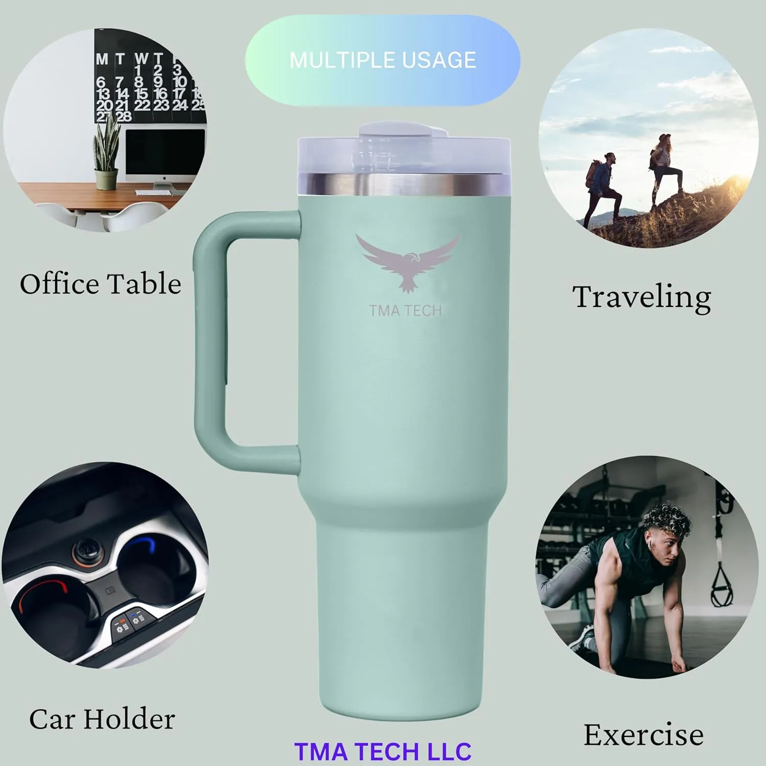 Tumbler Stainless Vacuum Insulated Travel Mug 40oz with Lid and Straw Cap,stanely Cup,2024 New Technology, Unbreakable Mug, Leak-Proof, BPA Free,Free Accessories(Green)., Large