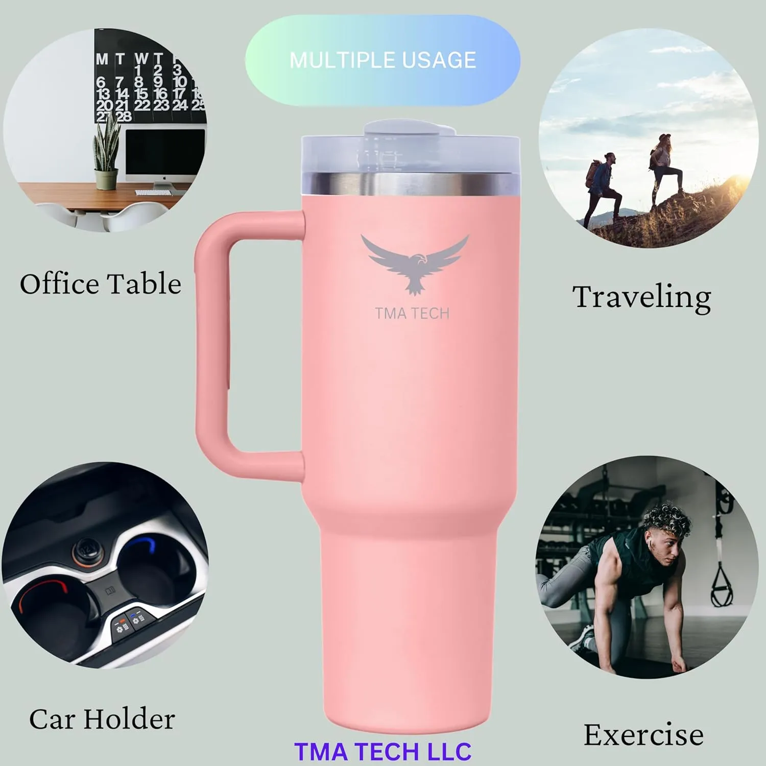 Tumbler Stainless Vacuum Insulated Travel Mug 40oz with Straw   Cap,Lid,Stanly Cup,2024 New Technology, Unbreakable Mug, Leak-proof, BPA Free,Free Accessories. (light pink), Large