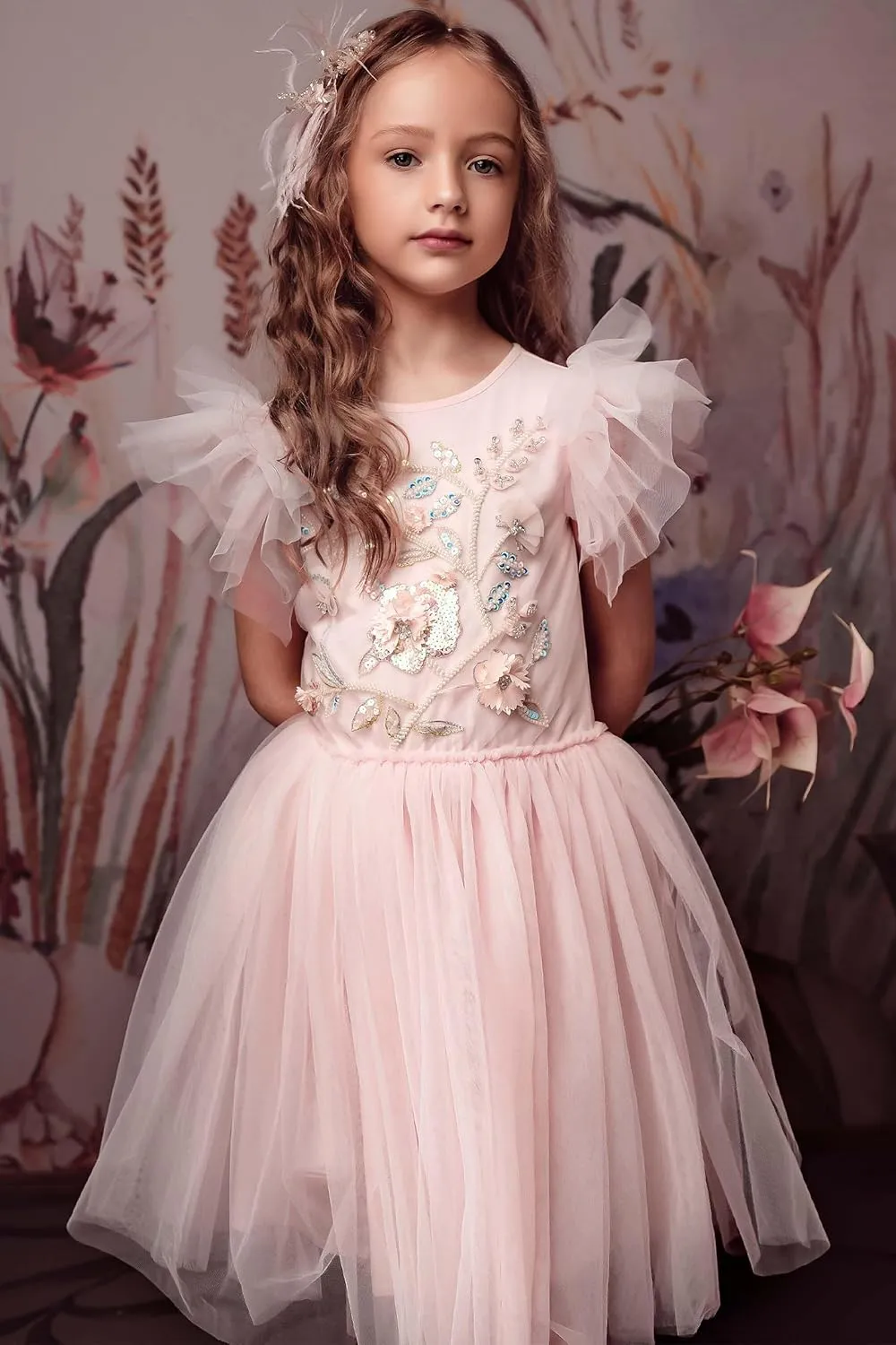 Tutu Dress for Girls - Embroidered Tulle Tiered Layered Flower Toddler Dress for Wedding & Birthday