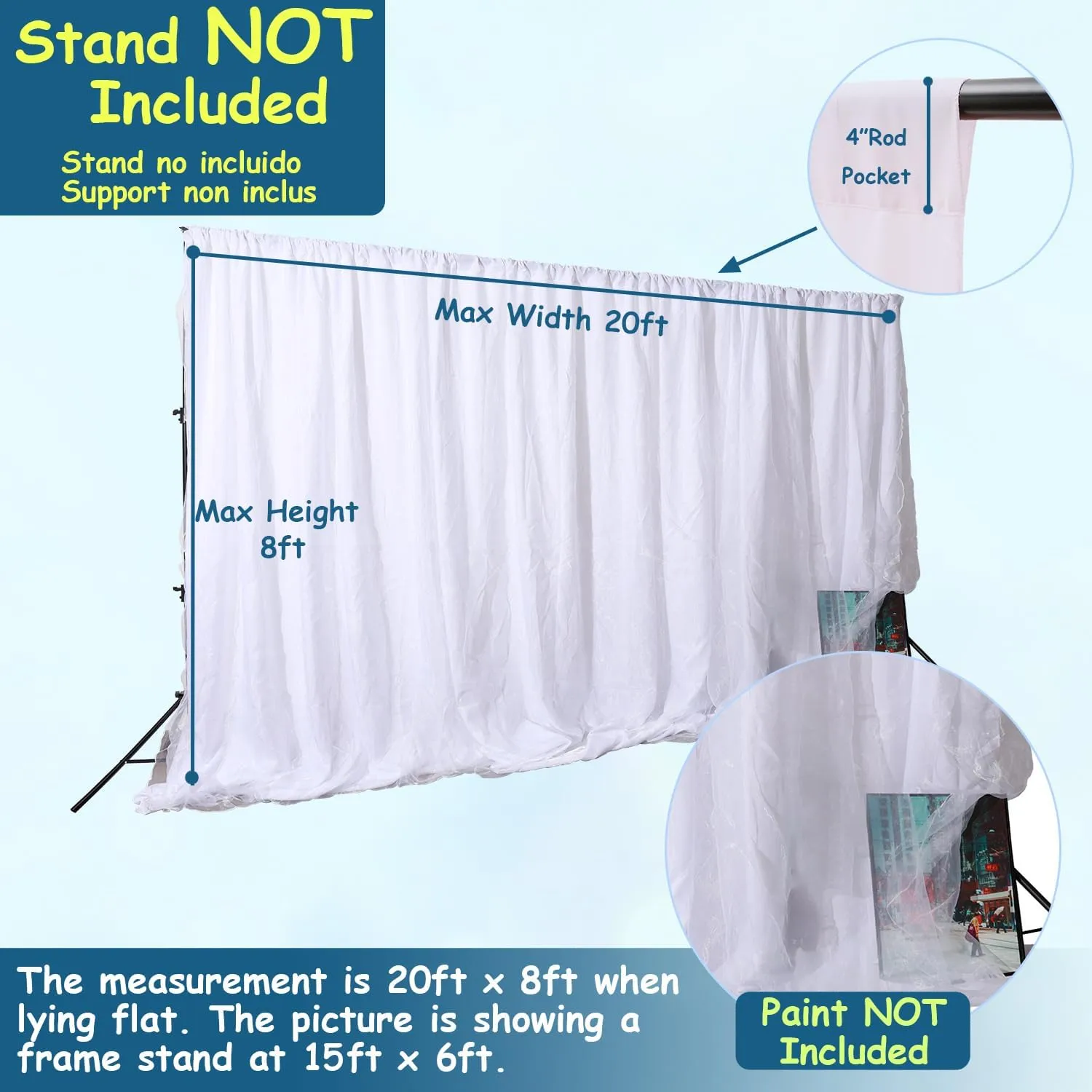Two Layers Backdrop Made with One Piece Chiffon Tulle & Polyester for Professional Extra Wide Blackout Curtains (White, 20 x 8 ft)