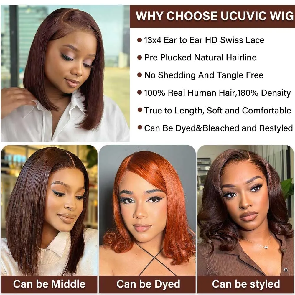 UCUVIC Chocolate Brown Bob Wig Human Hair 13x4 Hd Lace Front Wigs Straight Bob Wigs For Black Women Natural Hairline Color #4 13x4 Frontal Wigs Human Hair Pre Plucked 180% Density 14 Inch
