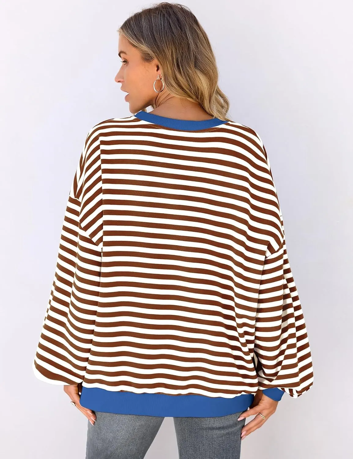 UEU Women Oversized Striped Crewneck Sweatshirt Long Sleeve Color Block Pullover Tops Casual Loose Workout Shirt