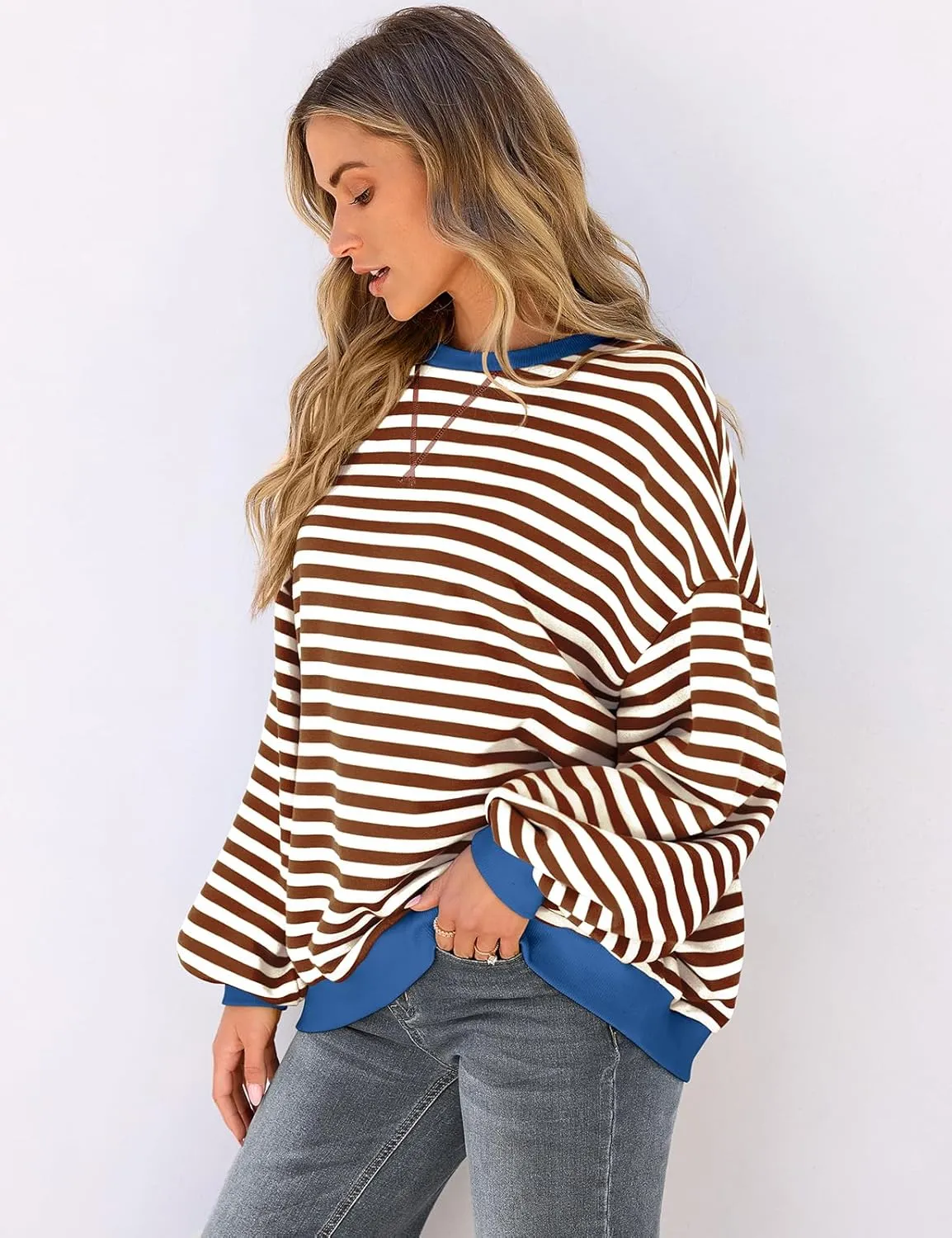 UEU Women Oversized Striped Crewneck Sweatshirt Long Sleeve Color Block Pullover Tops Casual Loose Workout Shirt
