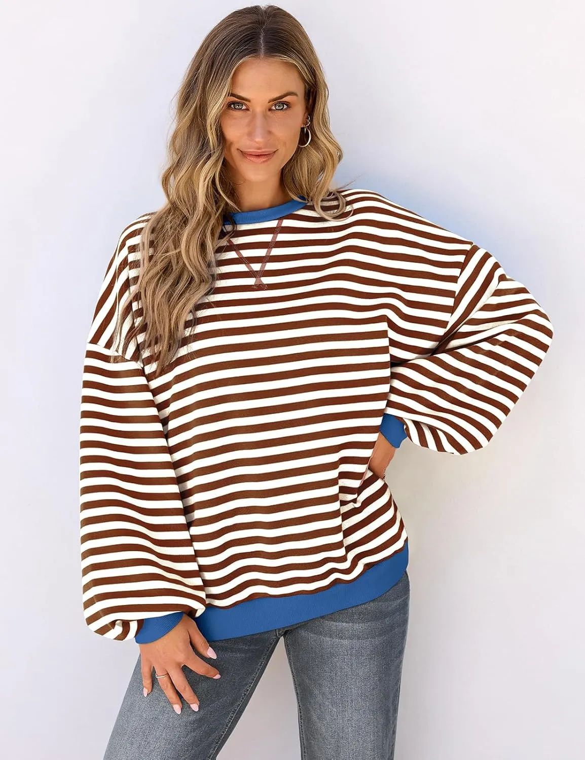 UEU Women Oversized Striped Crewneck Sweatshirt Long Sleeve Color Block Pullover Tops Casual Loose Workout Shirt