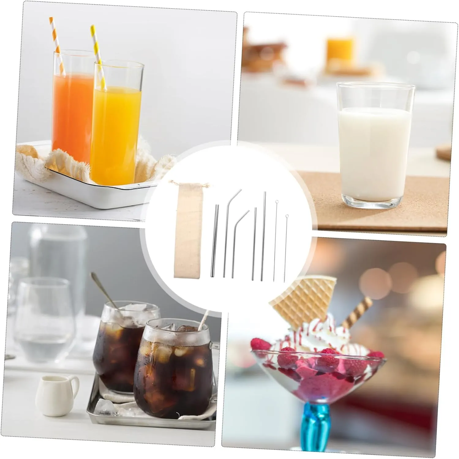 Unomor 3 Sets Stainless Steel Milk Tea Straws Reusable Drink Stirrers with Storage Bag for Family Camping Kitchen Present