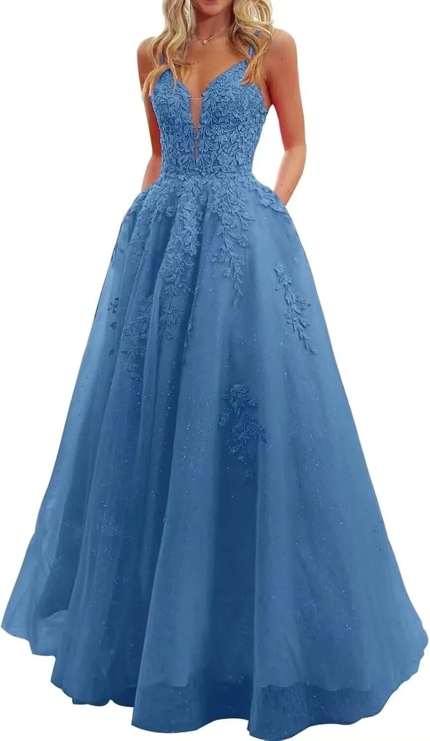 V Neck Lace Appliques Prom Dresses 2025 Long Corset Sparkly Tulle Formal Evening Party Gowns with Pockets