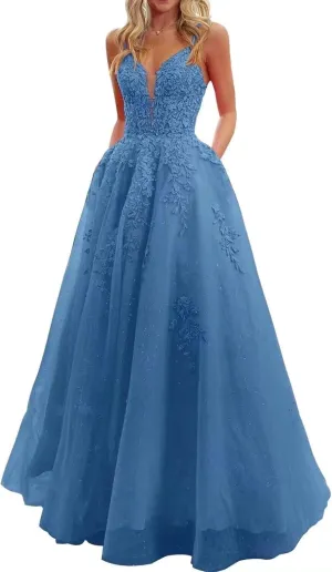 V Neck Lace Appliques Prom Dresses 2025 Long Corset Sparkly Tulle Formal Evening Party Gowns with Pockets