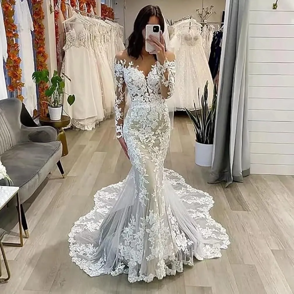 V Neck Mermaid Tulle Wedding Dresses for Women 2025 Court Train Backless Bridal Gown with Hollow-Out Laces Applique