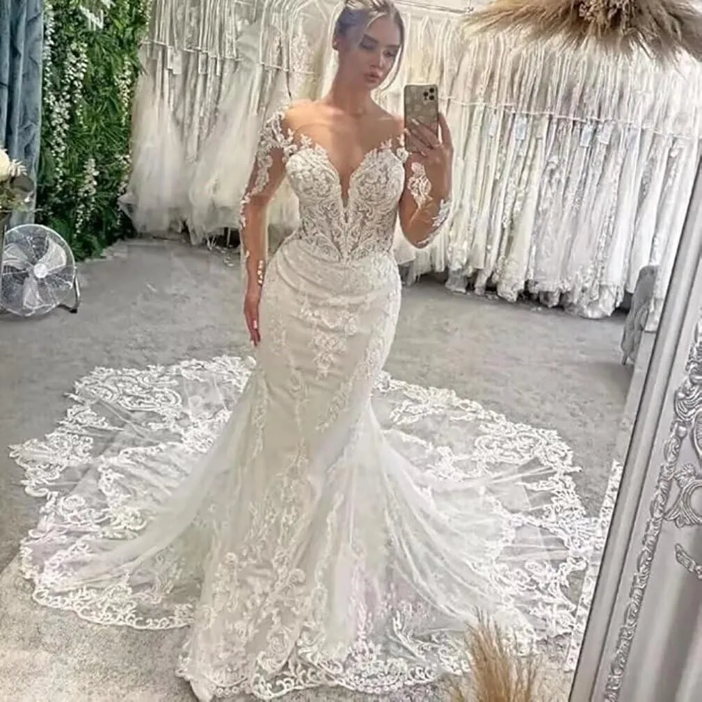 V Neck Mermaid Tulle Wedding Dresses for Women 2025 Court Train Backless Bridal Gown with Hollow-Out Laces Applique