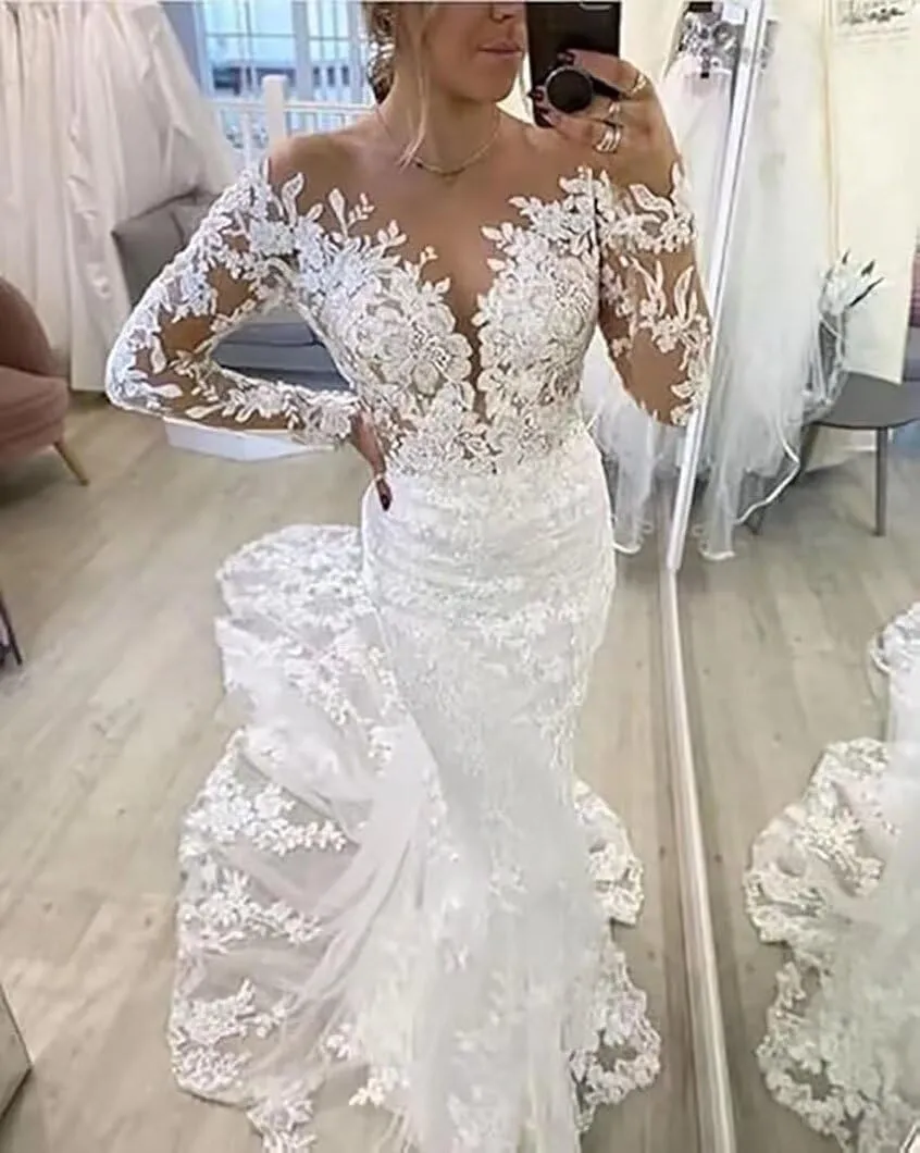 V Neck Mermaid Tulle Wedding Dresses for Women 2025 Court Train Backless Bridal Gown with Hollow-Out Laces Applique