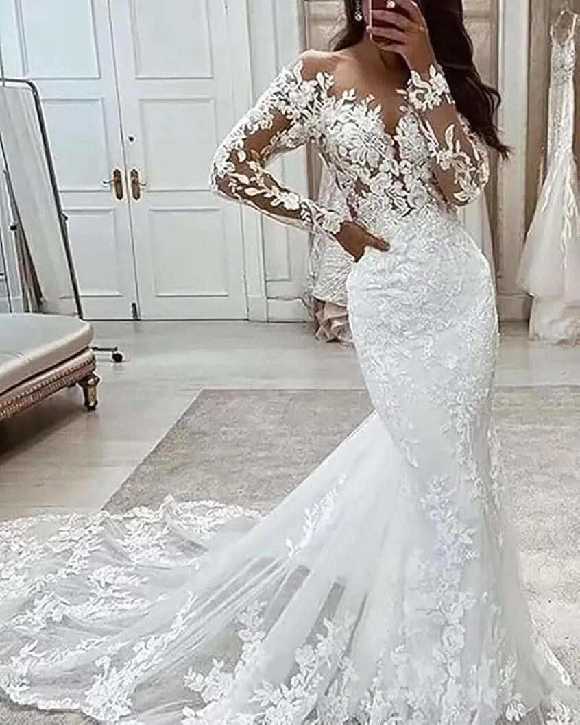 V Neck Mermaid Tulle Wedding Dresses for Women 2025 Court Train Backless Bridal Gown with Hollow-Out Laces Applique