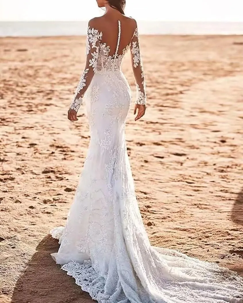 V Neck Mermaid Tulle Wedding Dresses for Women 2025 Court Train Backless Bridal Gown with Hollow-Out Laces Applique