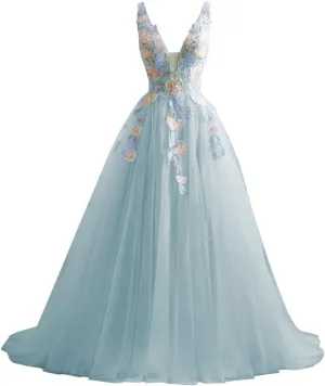 V Neck Tulle Prom Dresses 2025 Floral Embroidery Applique Ball Gown Quinceanera Dresses