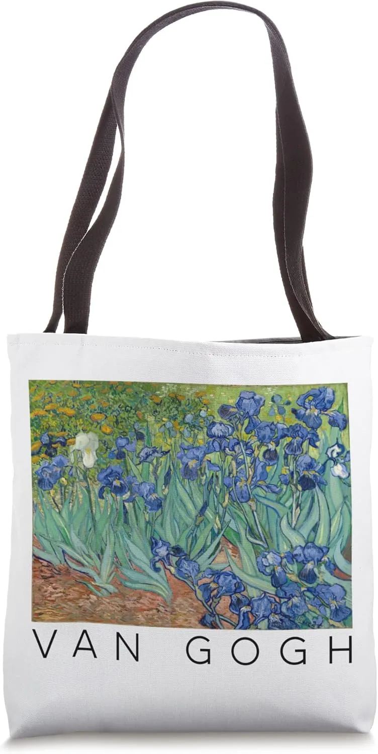 Van Gogh Irises Art Painting labeled with Van Gogh Tote Bag
