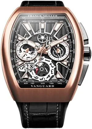 Vanguard Mens 18K Rose Gold Automatic Date Chronograph Black Face Black Rubber Strap Watch V 45 CC GD SQT 5NBR. NR