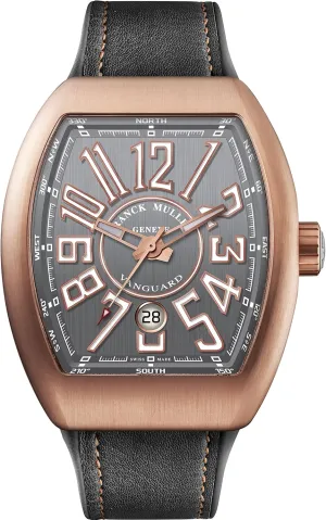 Vanguard Mens 18K Rose-Gold Case Grey Face Automatic Date Grey Rubber Strap Swiss Watch V 45 SC DT 5N BR TT