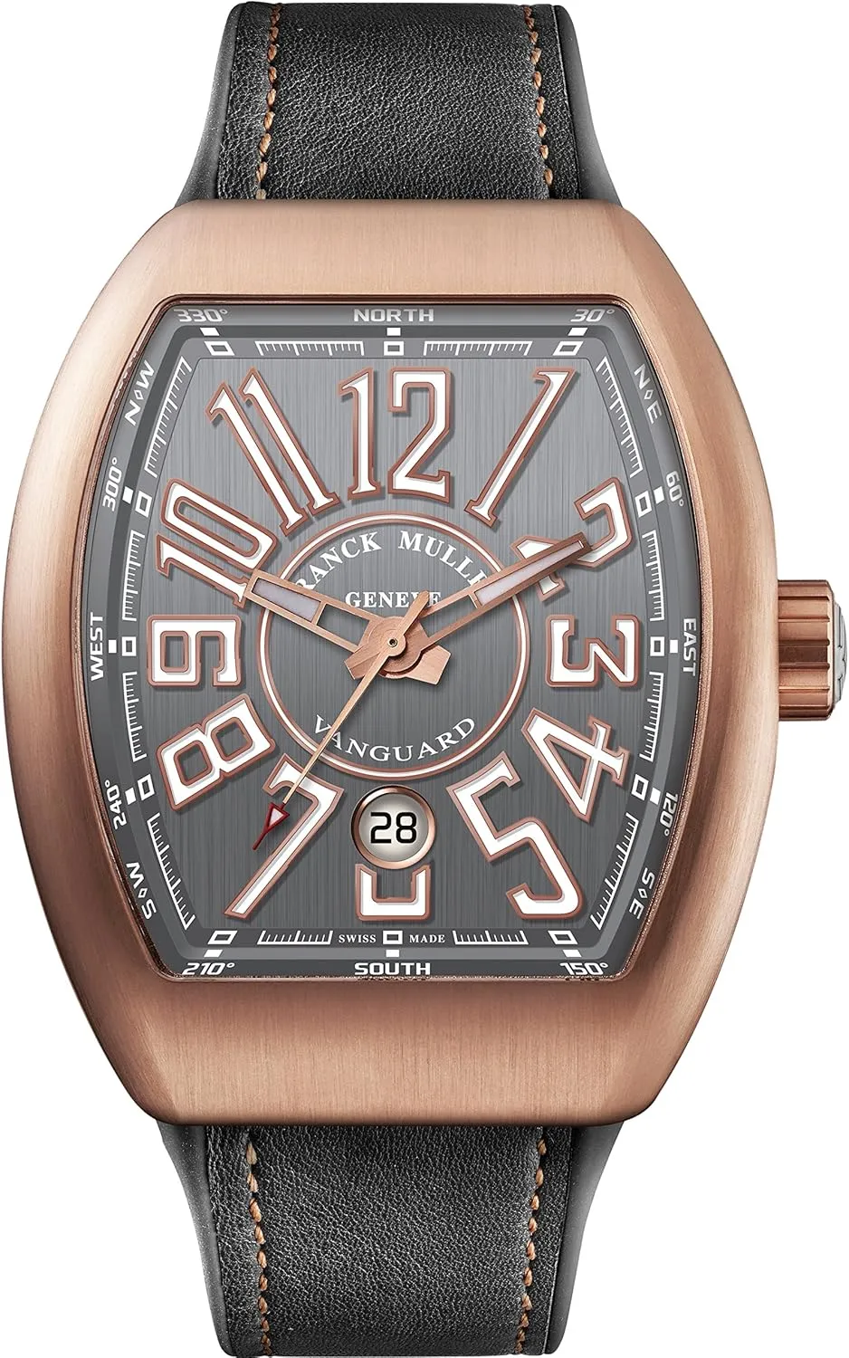 Vanguard Mens 18K Rose-Gold Case Grey Face Automatic Date Grey Rubber Strap Swiss Watch V 45 SC DT 5N BR TT
