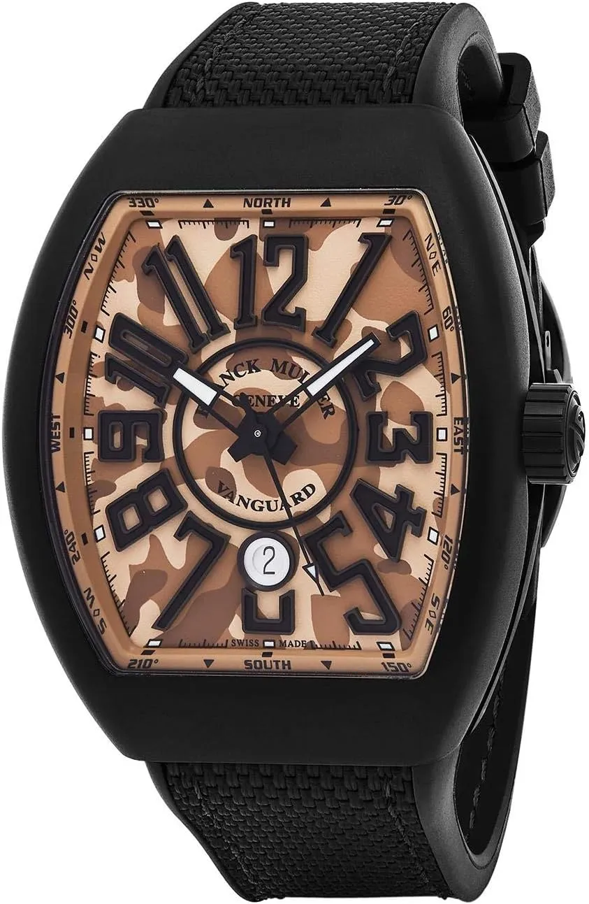 Vanguard Mens Automatic Date Beige Camouflage Face Black Rubber Strap Watch V 45 SC DT Camouflage TTNRMC.NR