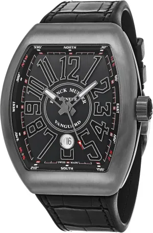 Vanguard Mens Automatic Date Black Face Black Rubber/Leather Strap Watch V 45 SC DT TT BR.NR