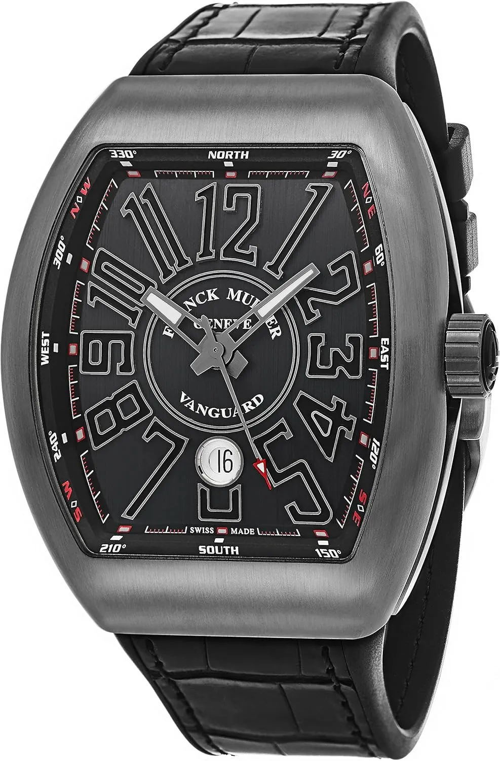 Vanguard Mens Automatic Date Black Face Black Rubber/Leather Strap Watch V 45 SC DT TT BR.NR