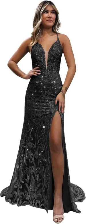 VCCICANY Sparkly Sequin Mermaid Prom Dresses for Women V Neck Lace Backless Long Evening Gown Formal Dresses with Slit