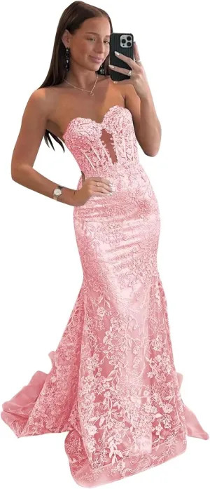 VCCICANY Strapless Mermaid Prom Dresses for Women 2025 Lace Appliques Tulle Corset Long Formal Evening Party Gowns