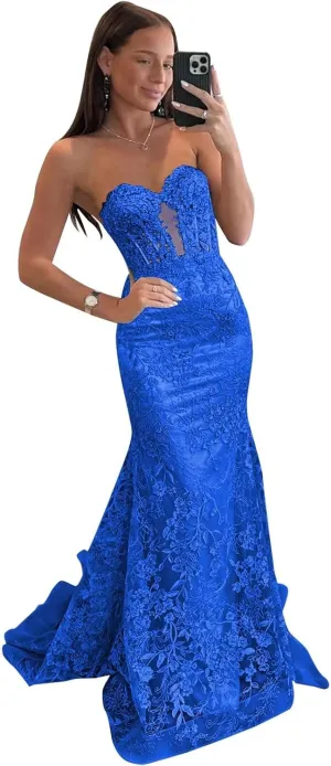 VCCICANY Strapless Mermaid Prom Dresses for Women 2025 Lace Appliques Tulle Corset Long Formal Evening Party Gowns