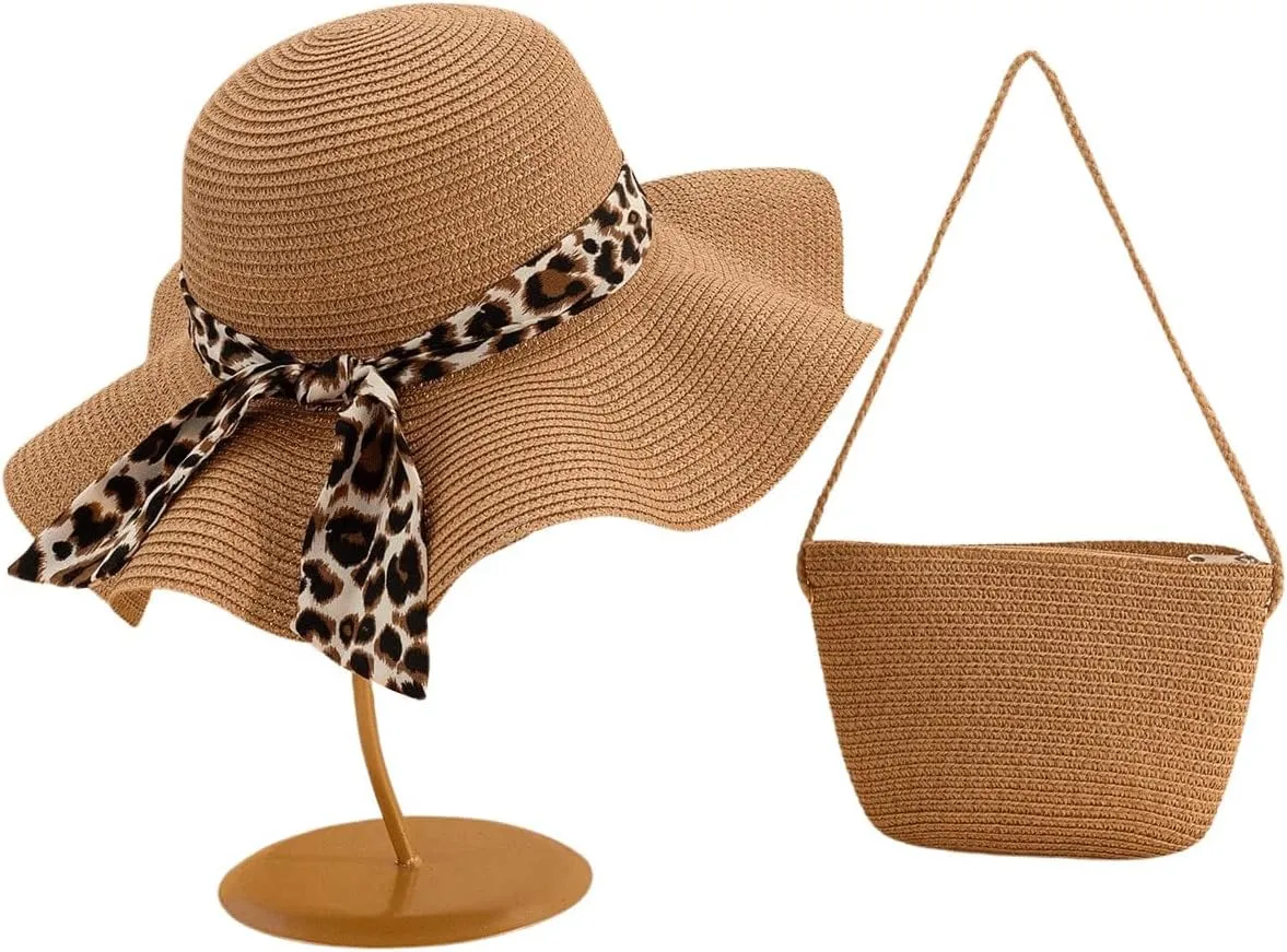 Verdusa Women's Bow Wide Brim Straw Sun Hat and Crossbody Straw Bag Set