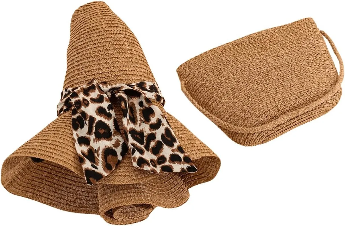 Verdusa Women's Bow Wide Brim Straw Sun Hat and Crossbody Straw Bag Set