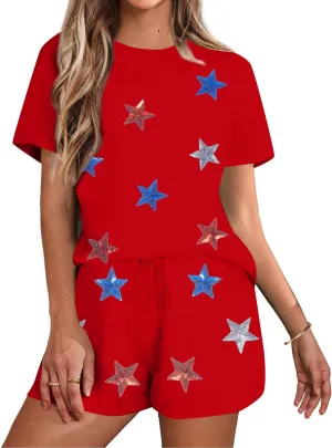 VILOVE 4th of July 2 Piece Sequin Outfits Women Star Stripe Shirts and Short Sets Casual Patriotic Shirt Summer Set