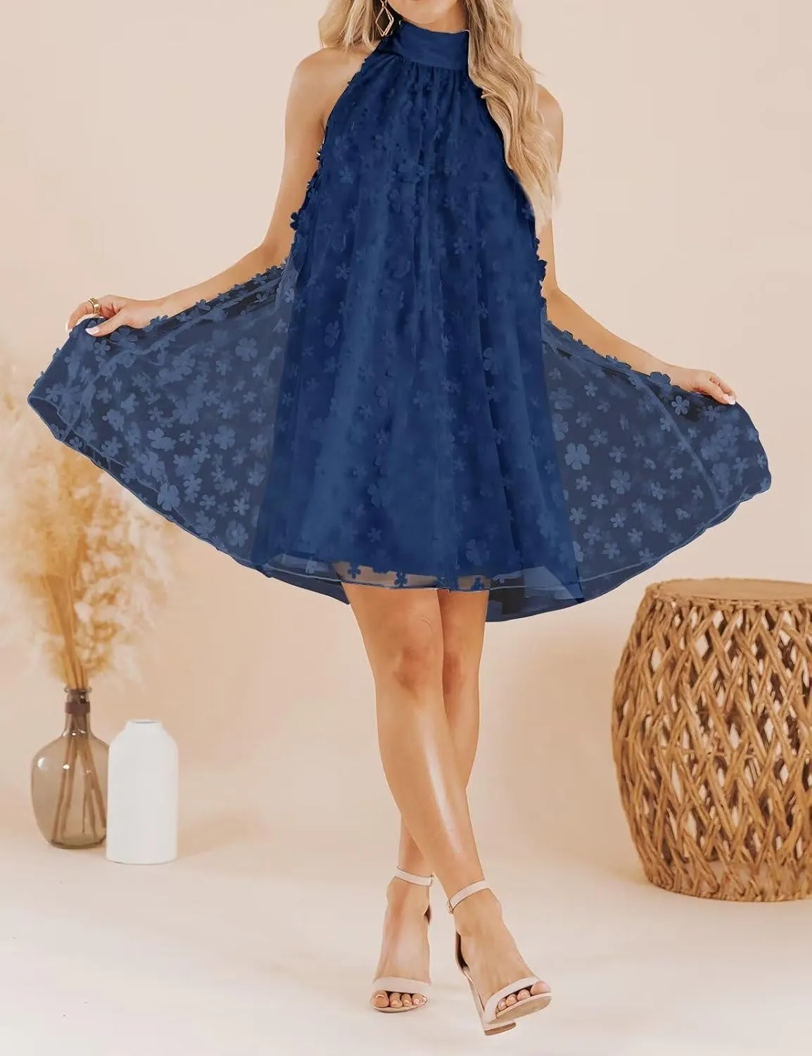VIMPUNEC 2024 Womens Summer Wedding Guest Formal Dresses Cocktail Halter Swing Dress Cute A Line Mini Homecoming Dress