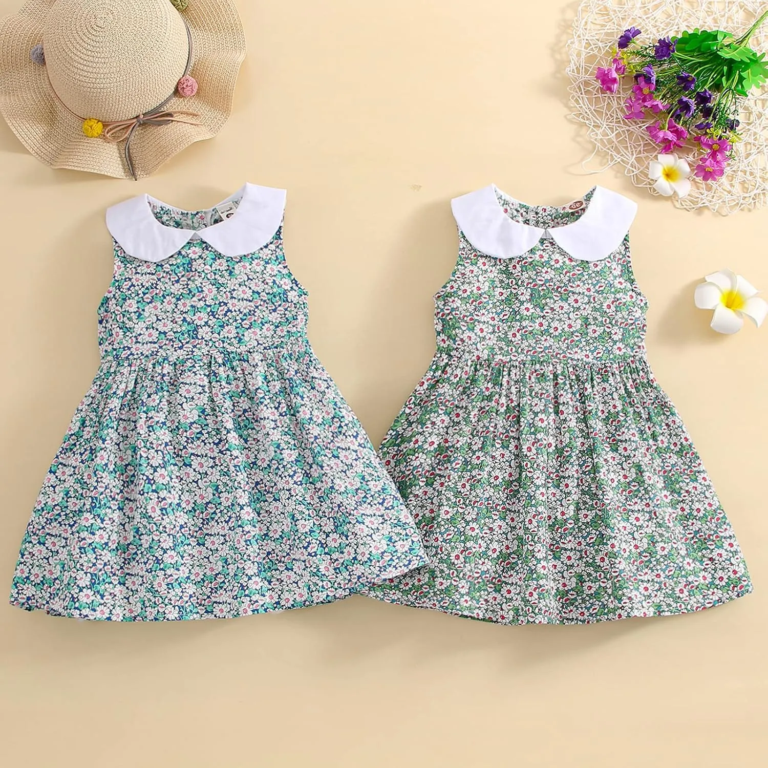 VINUOKER Toddler Girls Summer Floral Dress Sleeveless Sundress Peter Pan Collar Casual Dress Polo Dress