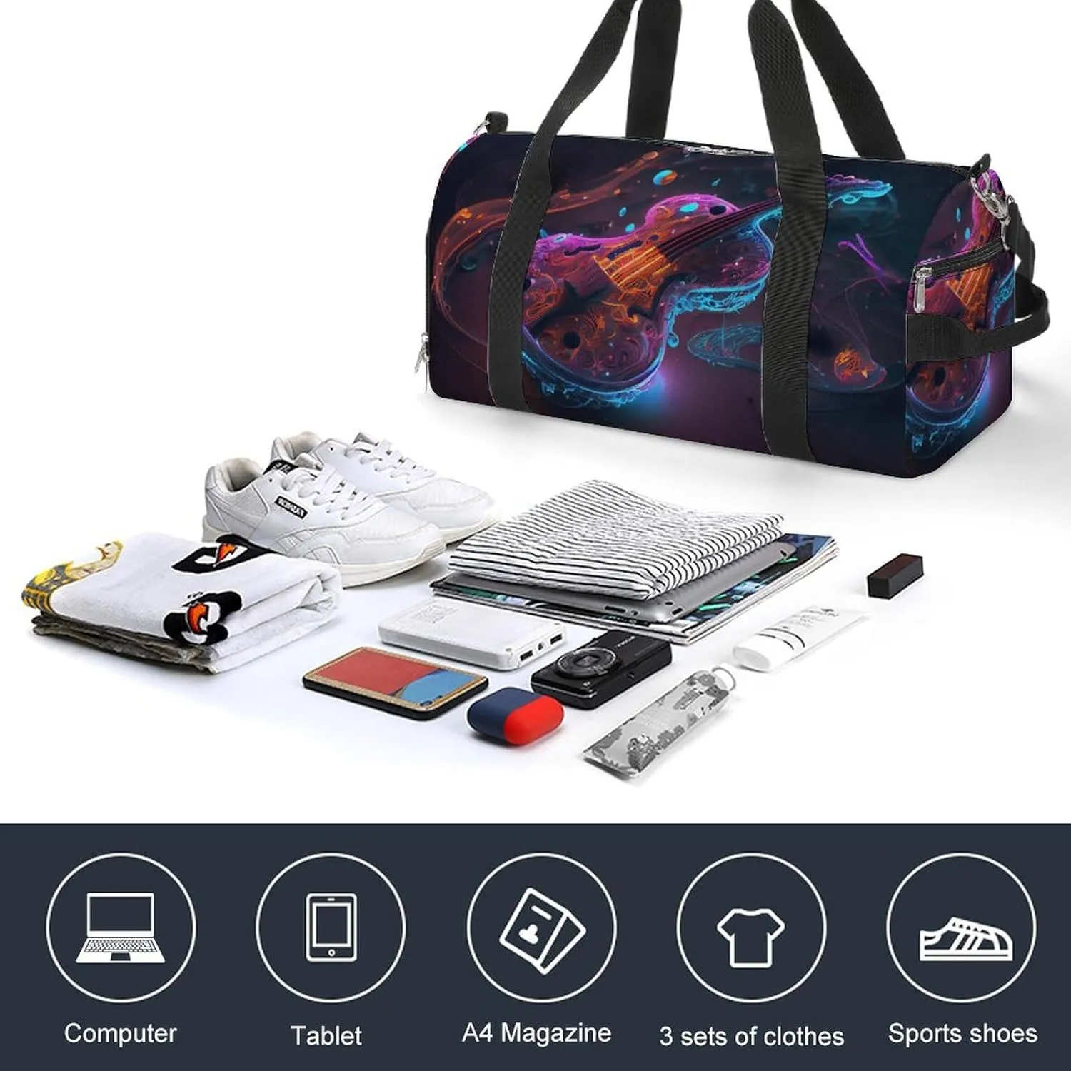 Violin With Bow Music Sports Duffel Bag for Men Women with Wet Pocket and Shoe Compartment