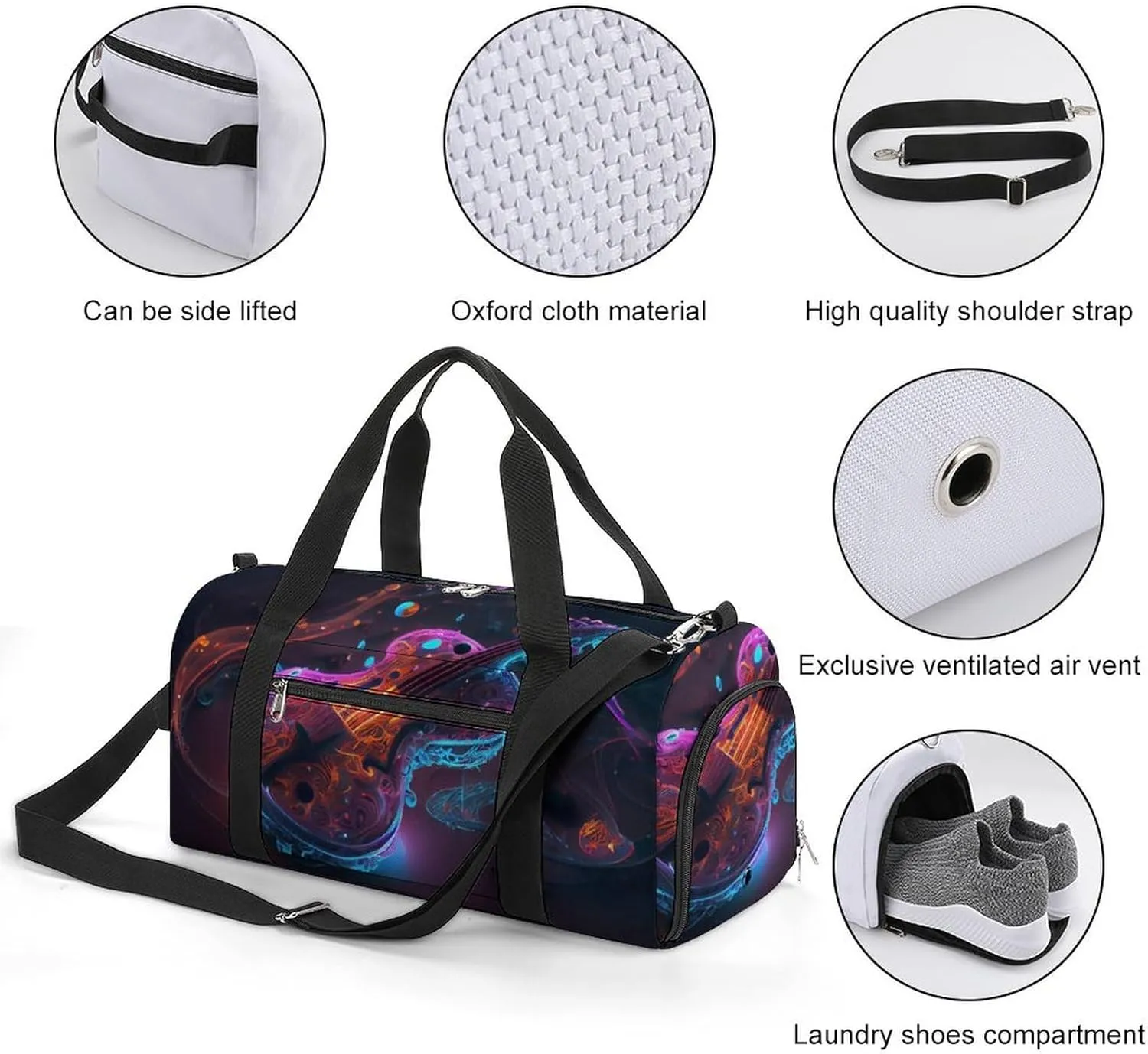 Violin With Bow Music Sports Duffel Bag for Men Women with Wet Pocket and Shoe Compartment