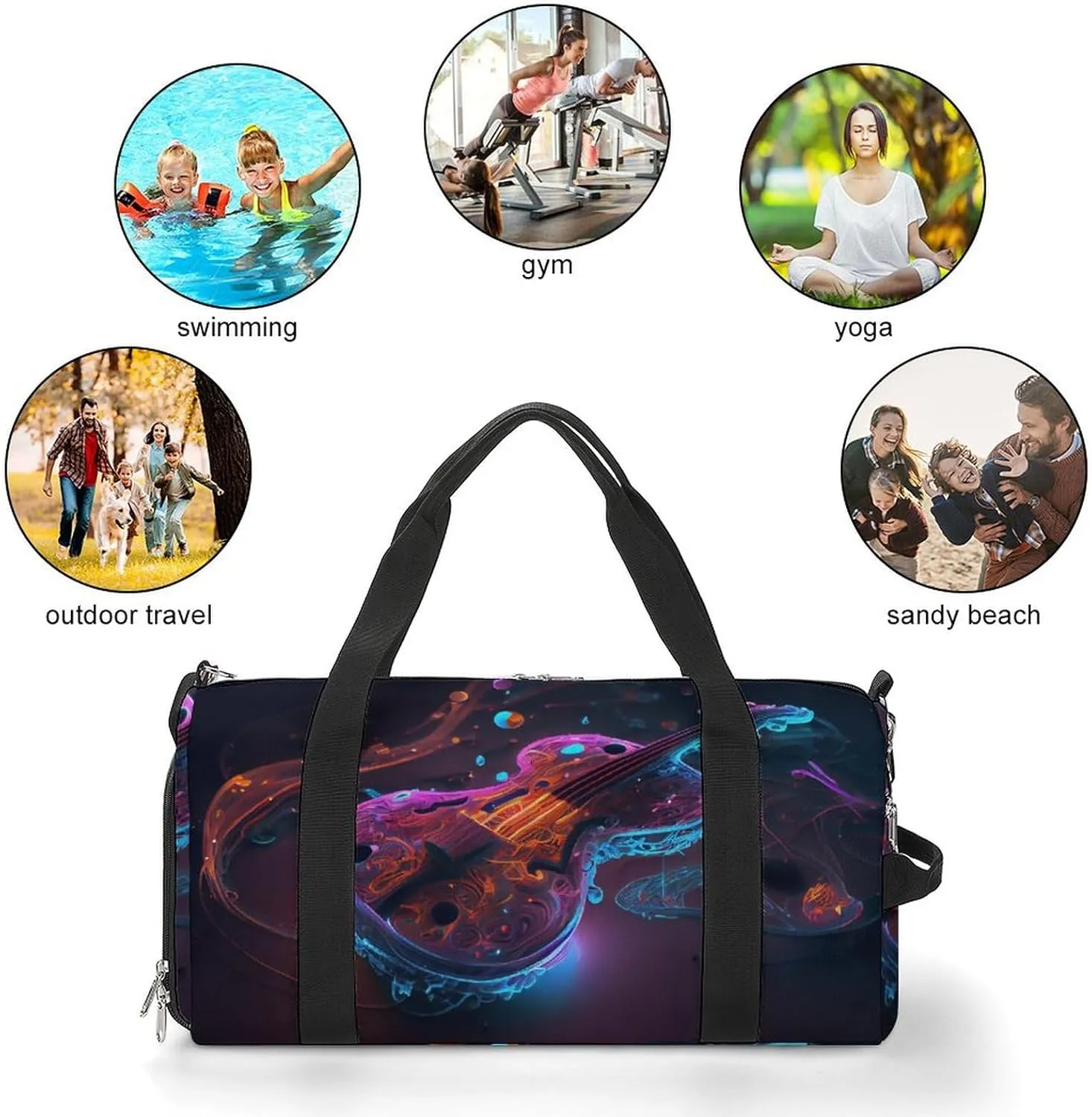 Violin With Bow Music Sports Duffel Bag for Men Women with Wet Pocket and Shoe Compartment