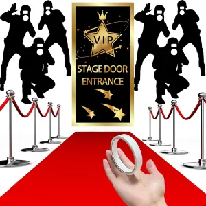 Vip Stage Door Entrance Door Cover Accessory Paparazzi Props Party Accessory and 2.6 x 15 ft Red Carpet Runner Rug 58 Gsm Thickness with Carpet Tape for Glamorous Movie Theme Party Decoration Supplies
