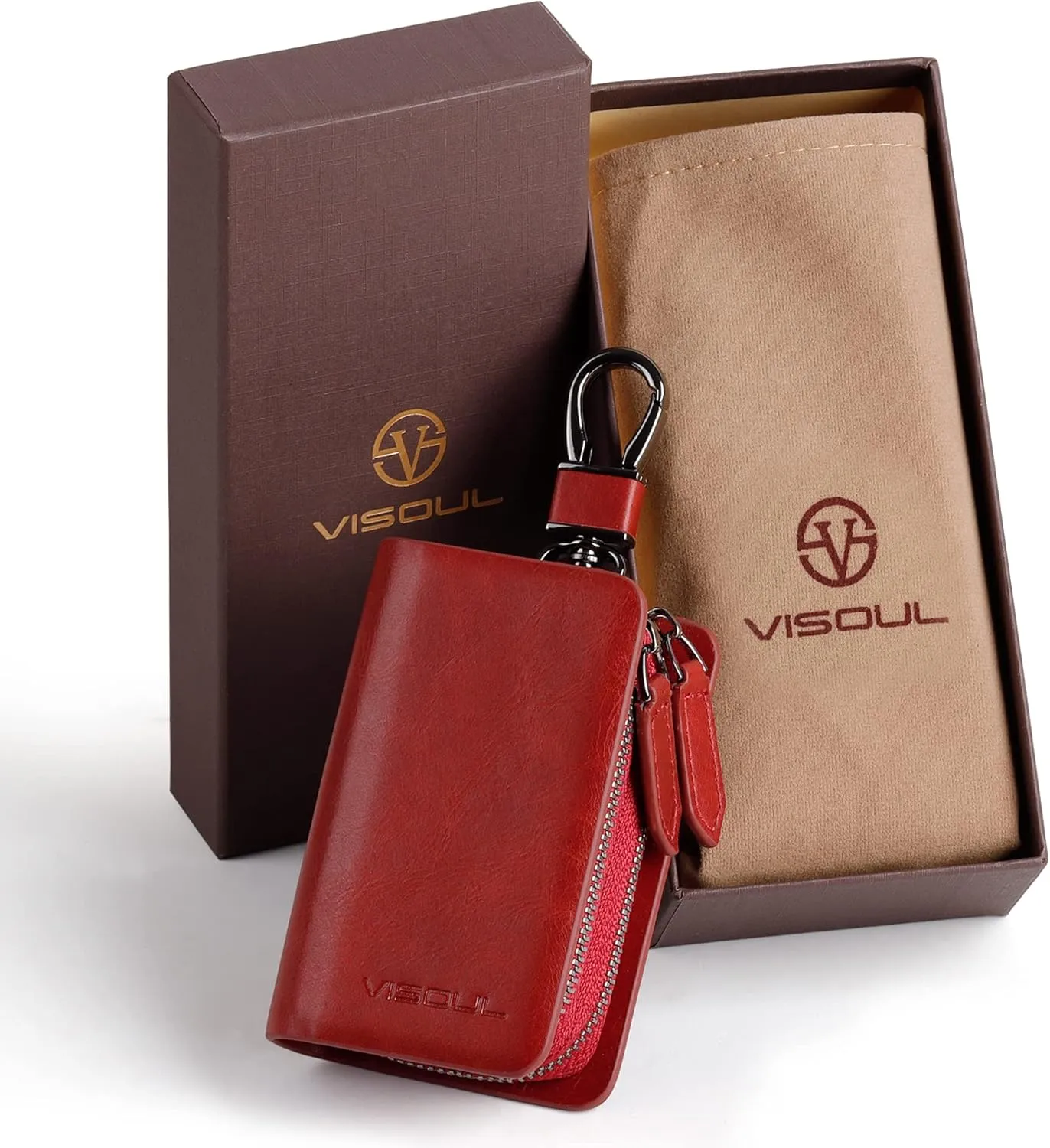 VISOUL Car Key Case Holder Double Zipper, Leather Car Smart Key Fob Case with Keychain for Men and Women