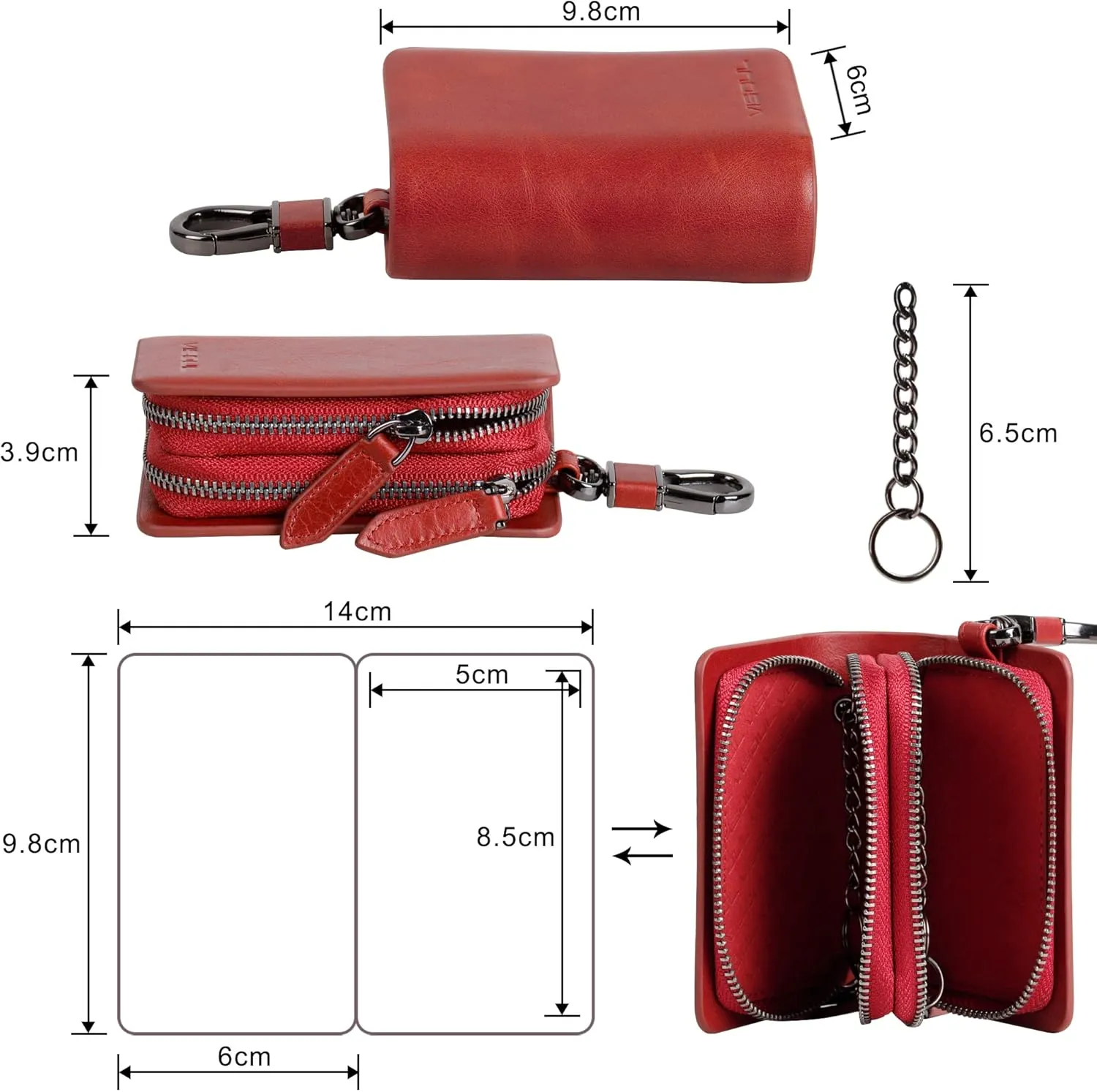 VISOUL Car Key Case Holder Double Zipper, Leather Car Smart Key Fob Case with Keychain for Men and Women