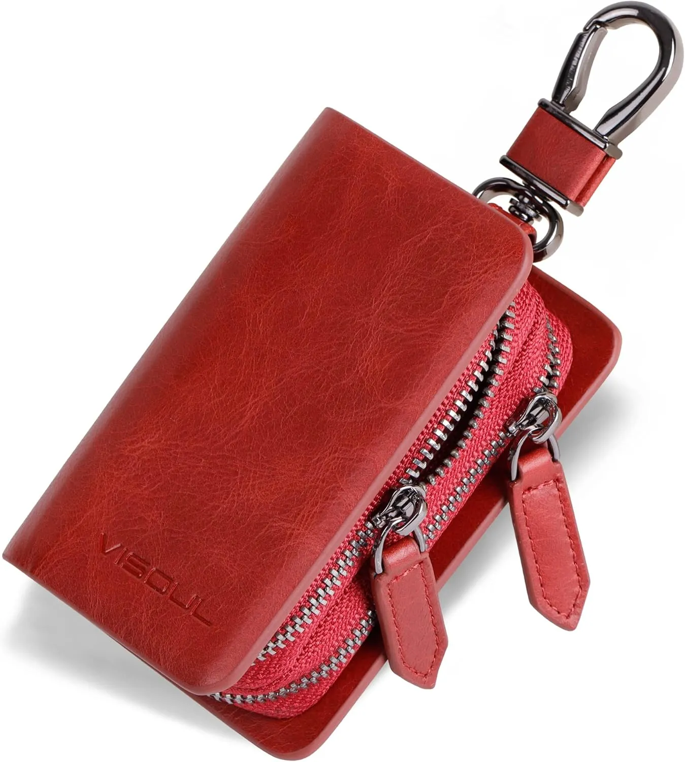 VISOUL Car Key Case Holder Double Zipper, Leather Car Smart Key Fob Case with Keychain for Men and Women