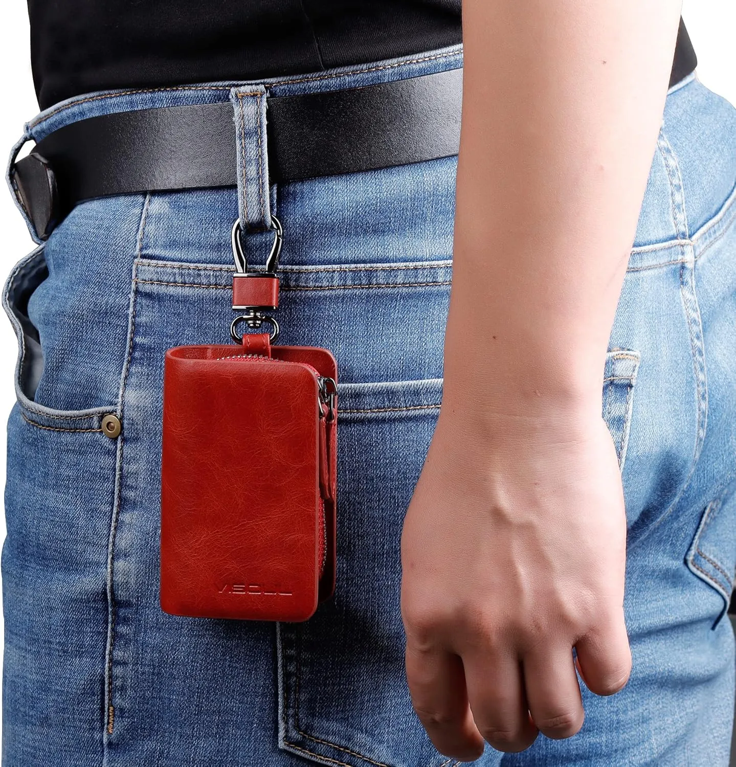 VISOUL Car Key Case Holder Double Zipper, Leather Car Smart Key Fob Case with Keychain for Men and Women