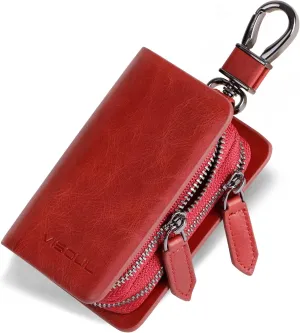 VISOUL Car Key Case Holder Double Zipper, Leather Car Smart Key Fob Case with Keychain for Men and Women