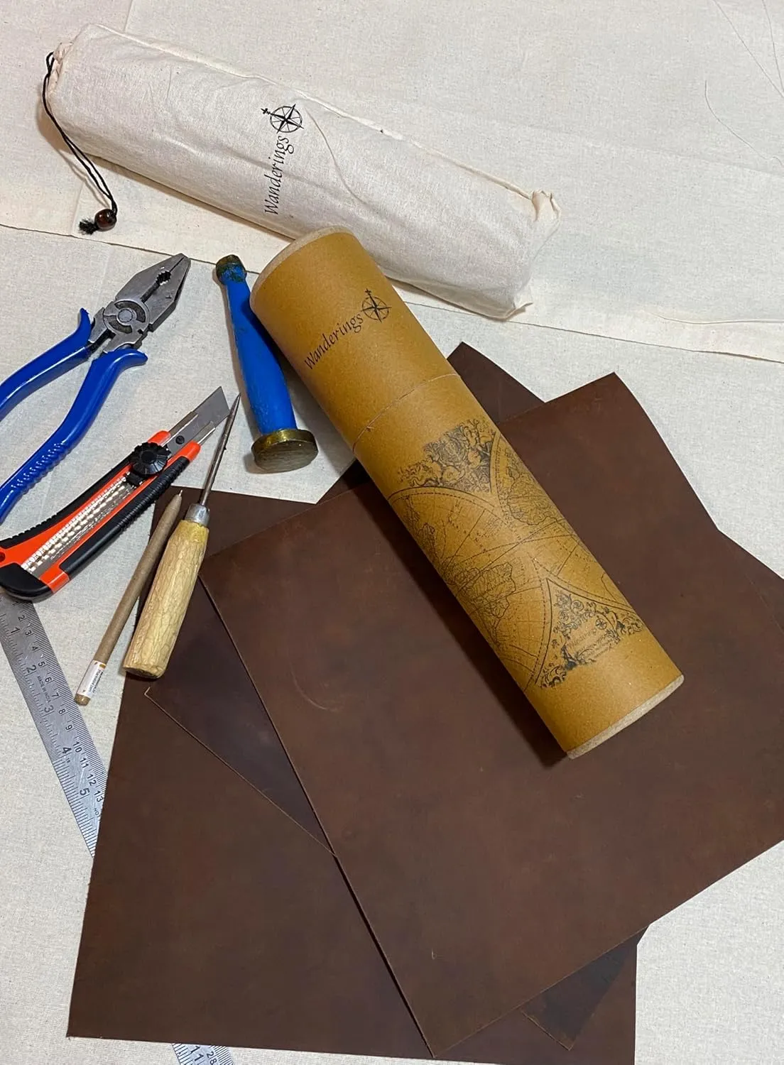 Wanderings Brown Leather Sheets | Three 12" x 12" Squares and One 36" Cord | Genuine Full-Grain Buffalo | Great Leather for Crafting, Tooling, and Using Your Leather Working Tools
