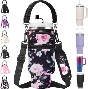 Water Bottle Carrier Bag with Paracord Handle for Stanley 40/30 oz Tumbler Neoprene Insulated Mug Sleeve Pouch with 2 Pockets & Adjustable Strap & Straw Cover for Stanley Cup Accessories