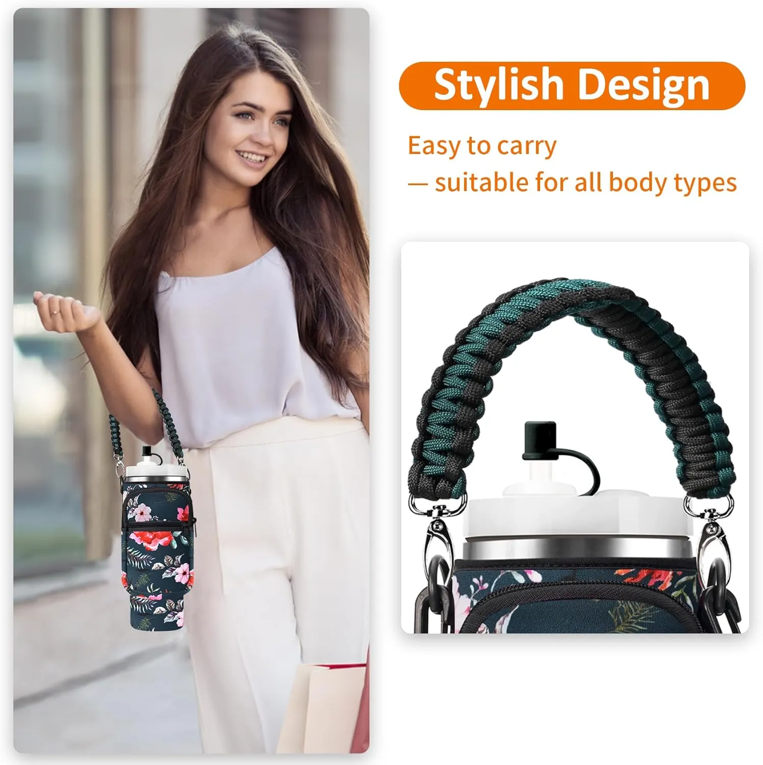 Water Bottle Carrier Bag with Paracord Handle for Stanley 40/30 oz Tumbler Neoprene Insulated Mug Sleeve Pouch with 2 Pockets & Adjustable Strap & Straw Cover for Stanley Cup Accessories
