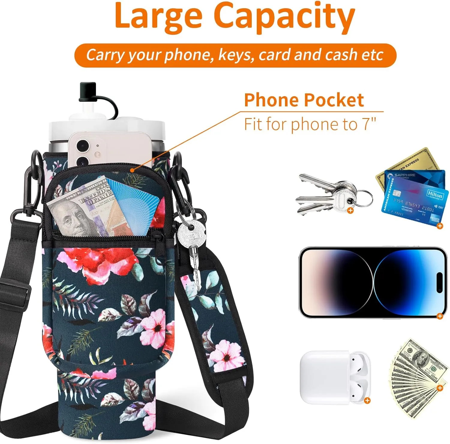 Water Bottle Carrier Bag with Paracord Handle for Stanley 40/30 oz Tumbler Neoprene Insulated Mug Sleeve Pouch with 2 Pockets & Adjustable Strap & Straw Cover for Stanley Cup Accessories