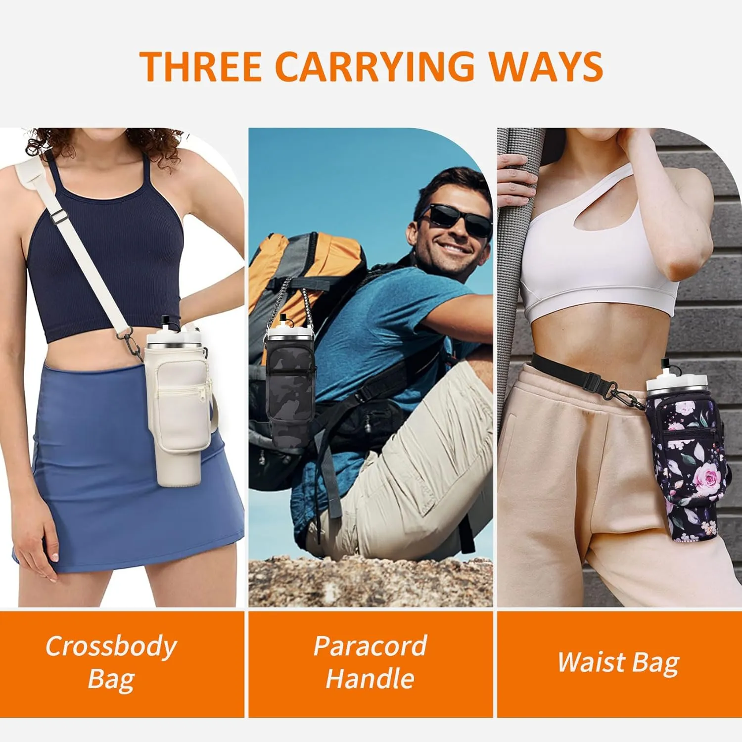 Water Bottle Carrier Bag with Paracord Handle for Stanley 40/30 oz Tumbler Neoprene Insulated Mug Sleeve Pouch with 2 Pockets & Adjustable Strap & Straw Cover for Stanley Cup Accessories