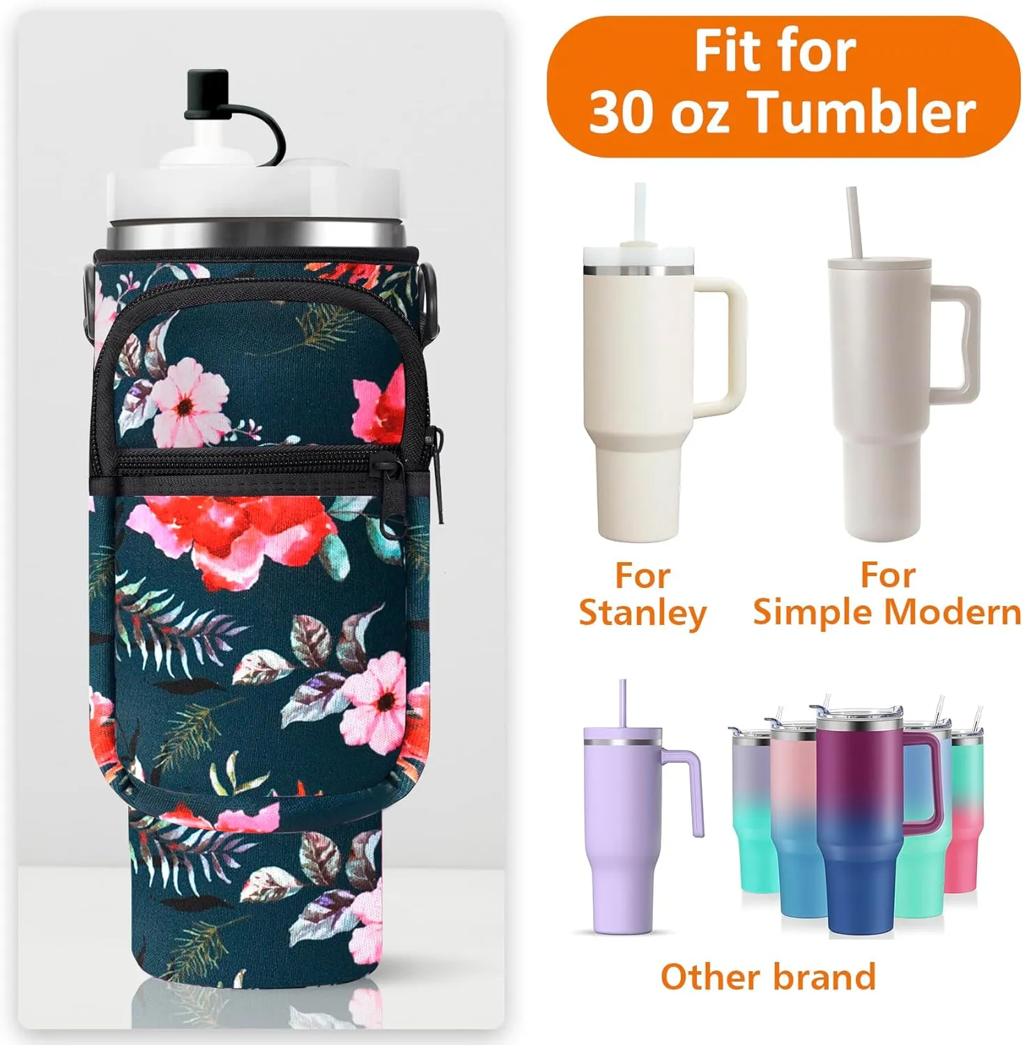 Water Bottle Carrier Bag with Paracord Handle for Stanley 40/30 oz Tumbler Neoprene Insulated Mug Sleeve Pouch with 2 Pockets & Adjustable Strap & Straw Cover for Stanley Cup Accessories