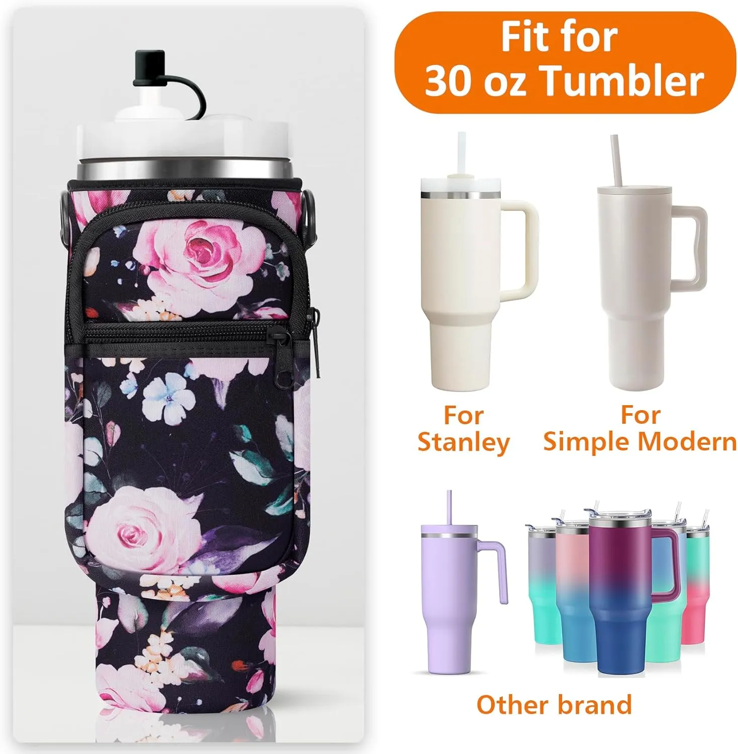 Water Bottle Carrier Bag with Paracord Handle for Stanley 40/30 oz Tumbler Neoprene Insulated Mug Sleeve Pouch with 2 Pockets & Adjustable Strap & Straw Cover for Stanley Cup Accessories