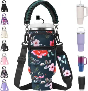 Water Bottle Carrier Bag with Paracord Handle for Stanley 40/30 oz Tumbler Neoprene Insulated Mug Sleeve Pouch with 2 Pockets & Adjustable Strap & Straw Cover for Stanley Cup Accessories